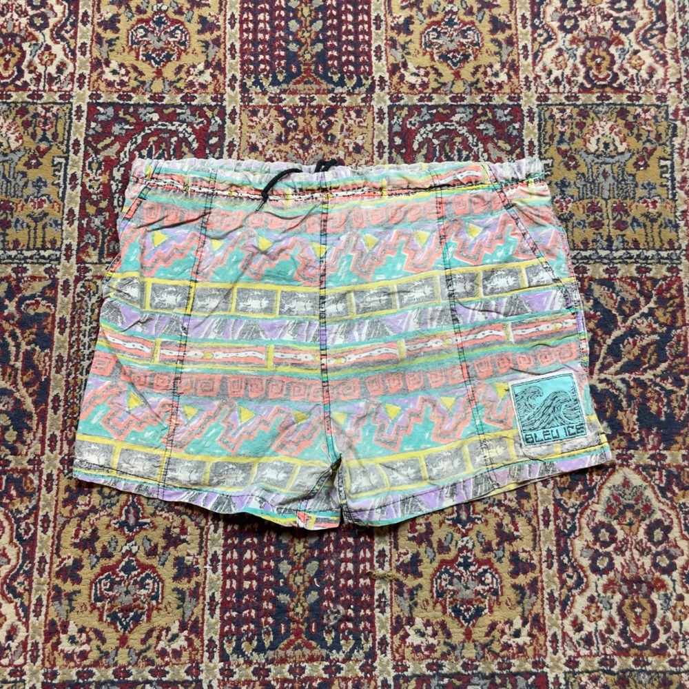 Bleu Ice Men's VTG 80s 90s Geometric Aztec Print Swim Trunks Shorts Size L‎ logo